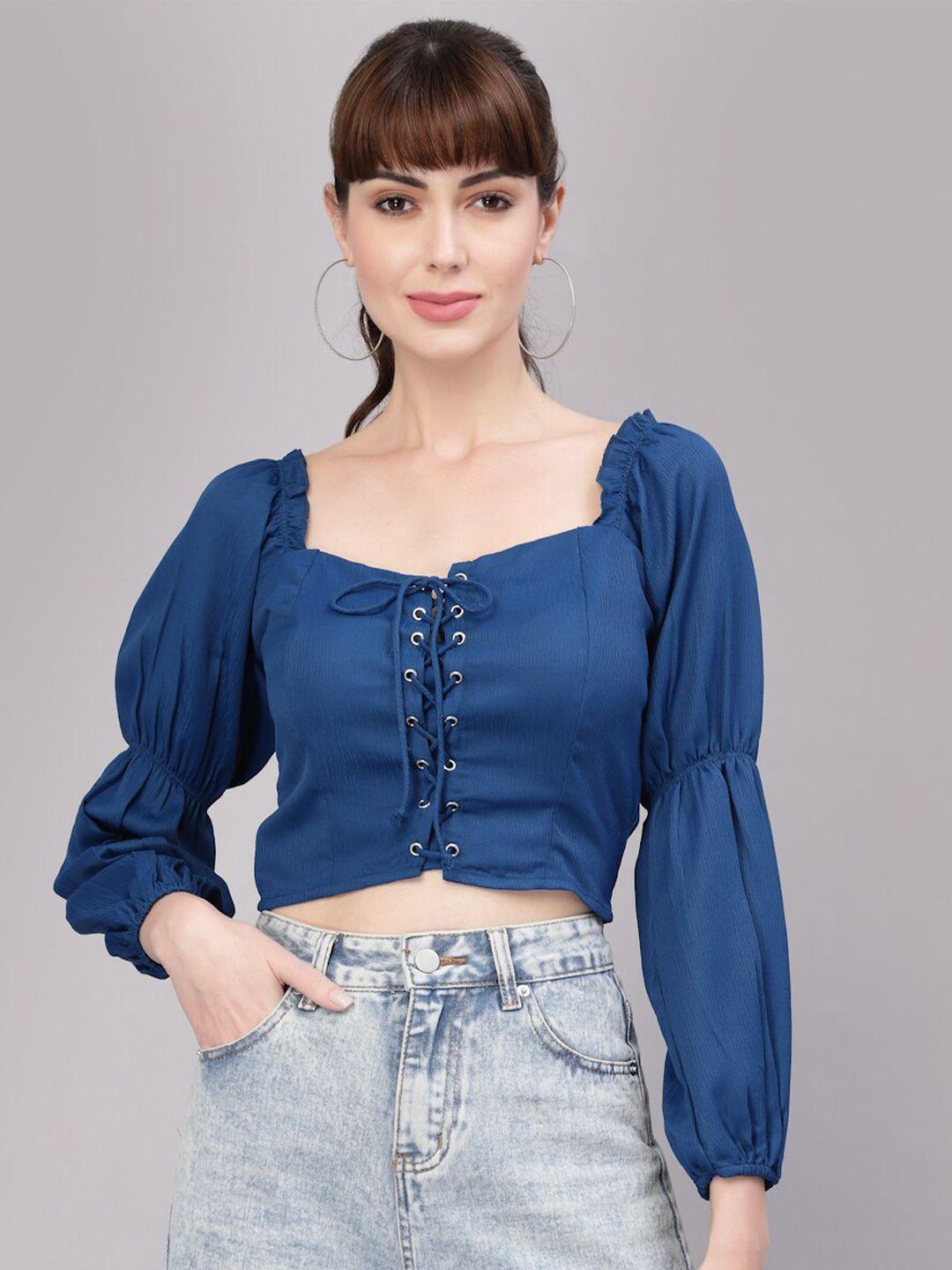 aayu tie-up neck puff sleeves crop top