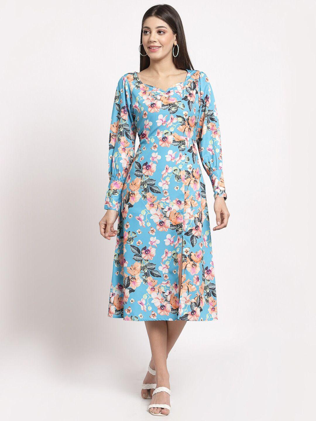 aayu women blue & pink floral crepe a-line slit dress