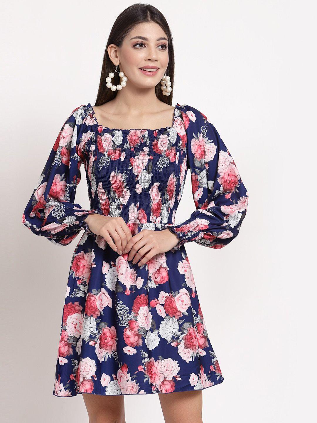 aayu women blue & pink floral crepe dress