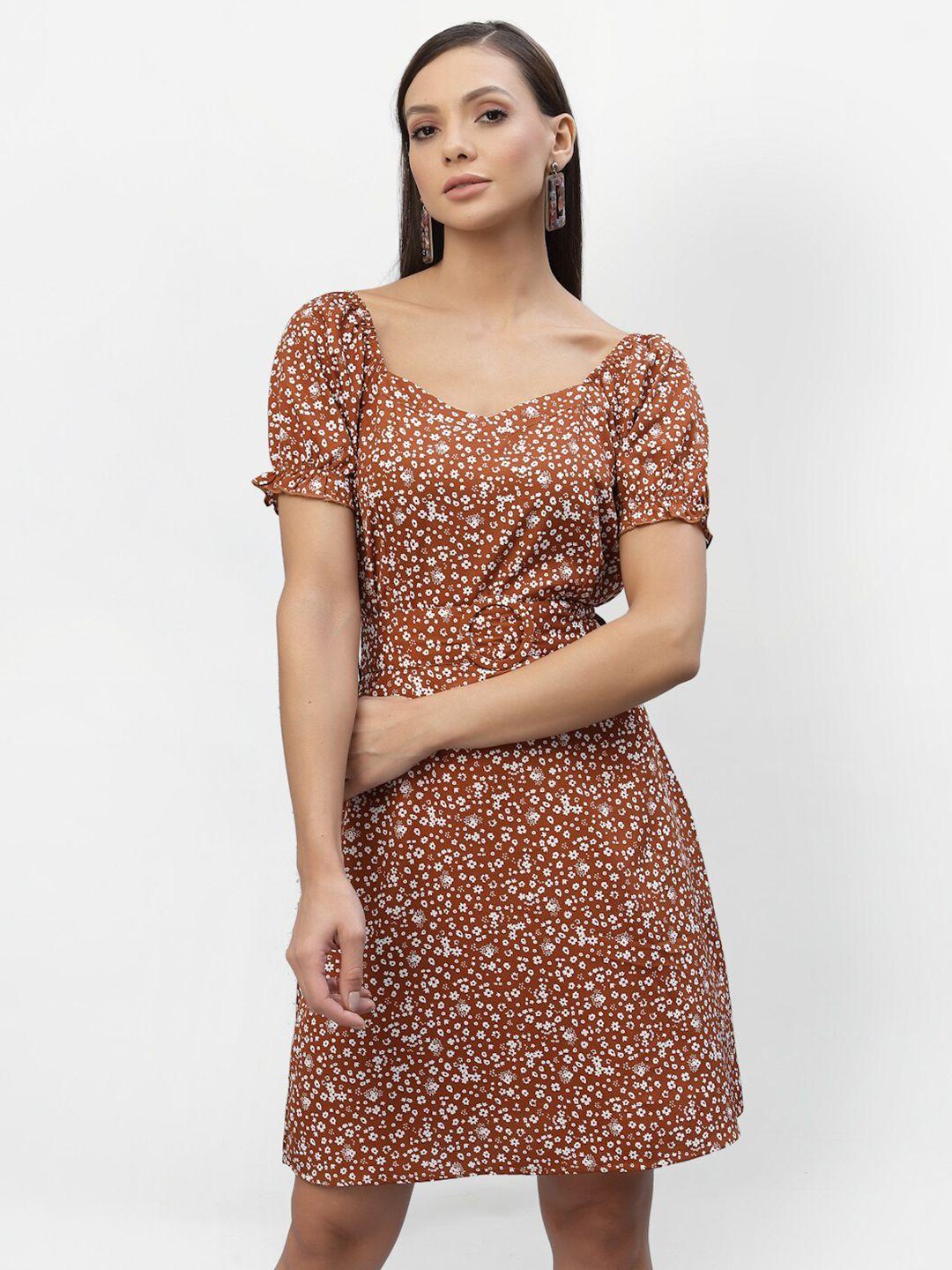 aayu women brown & white floral printed crepe a-line dress