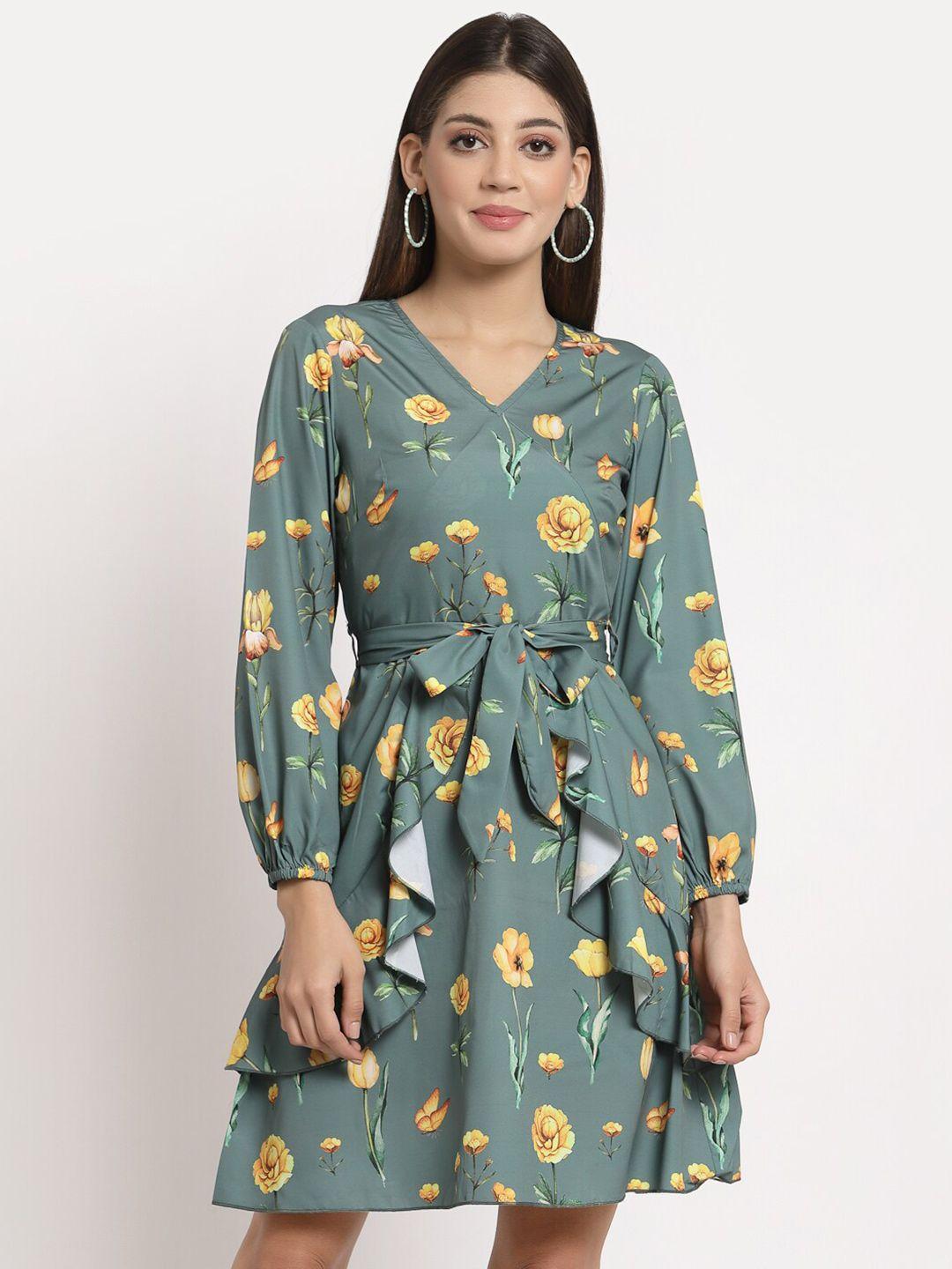 aayu women green & yellow floral crepe dress