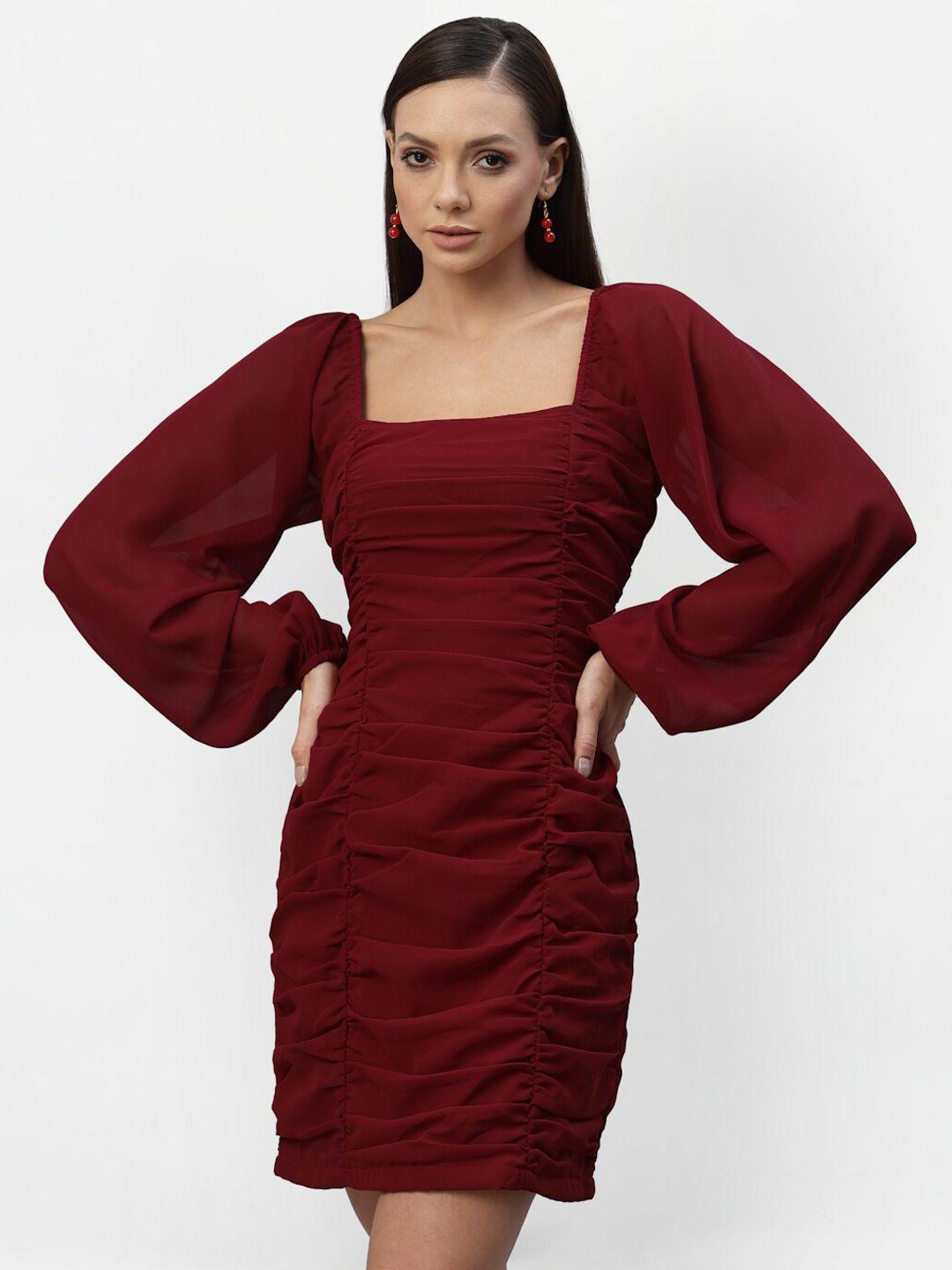 aayu women maroon georgette smocked sheath dress