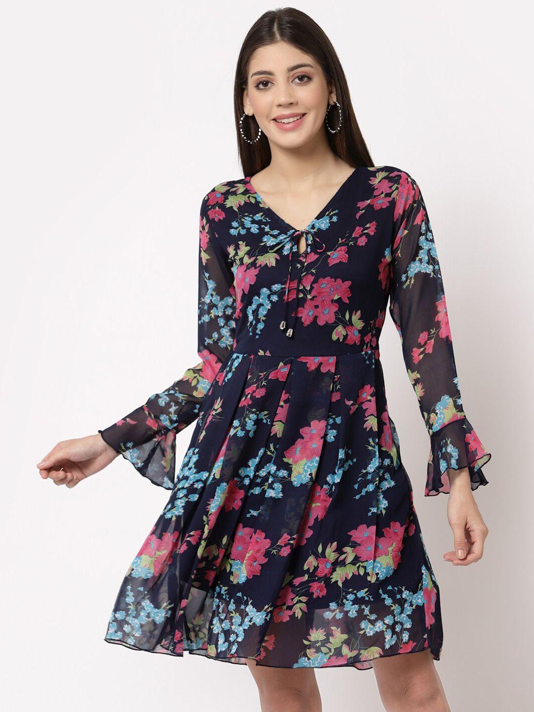 aayu women navy blue & pink floral georgette dress