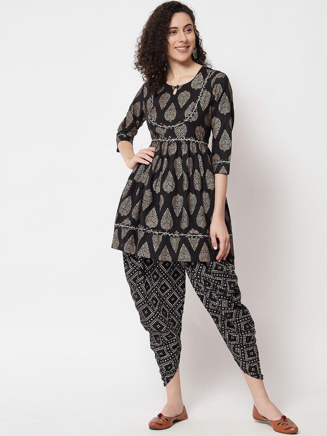 aayumi ethnic motifs printed a-line gotta patti kurti with dhoti pants