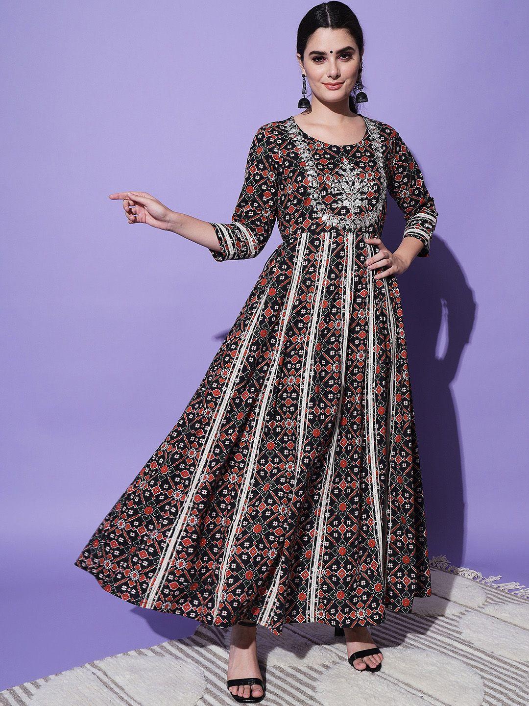aayumi ethnic motifs printed embroidered cotton maxi ethnic dress