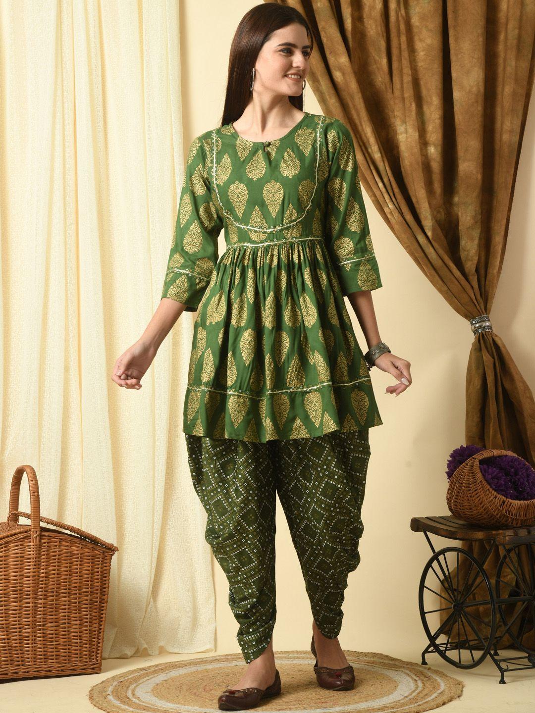 aayumi ethnic motifs printed empire gotta patti kurta with dhoti pants