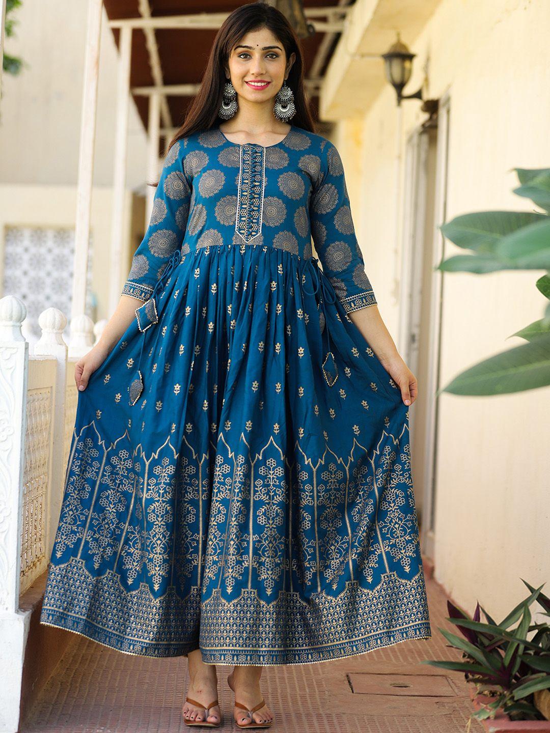 aayumi ethnic motifs printed gathered or pleated detail fit and flare ethnic dress