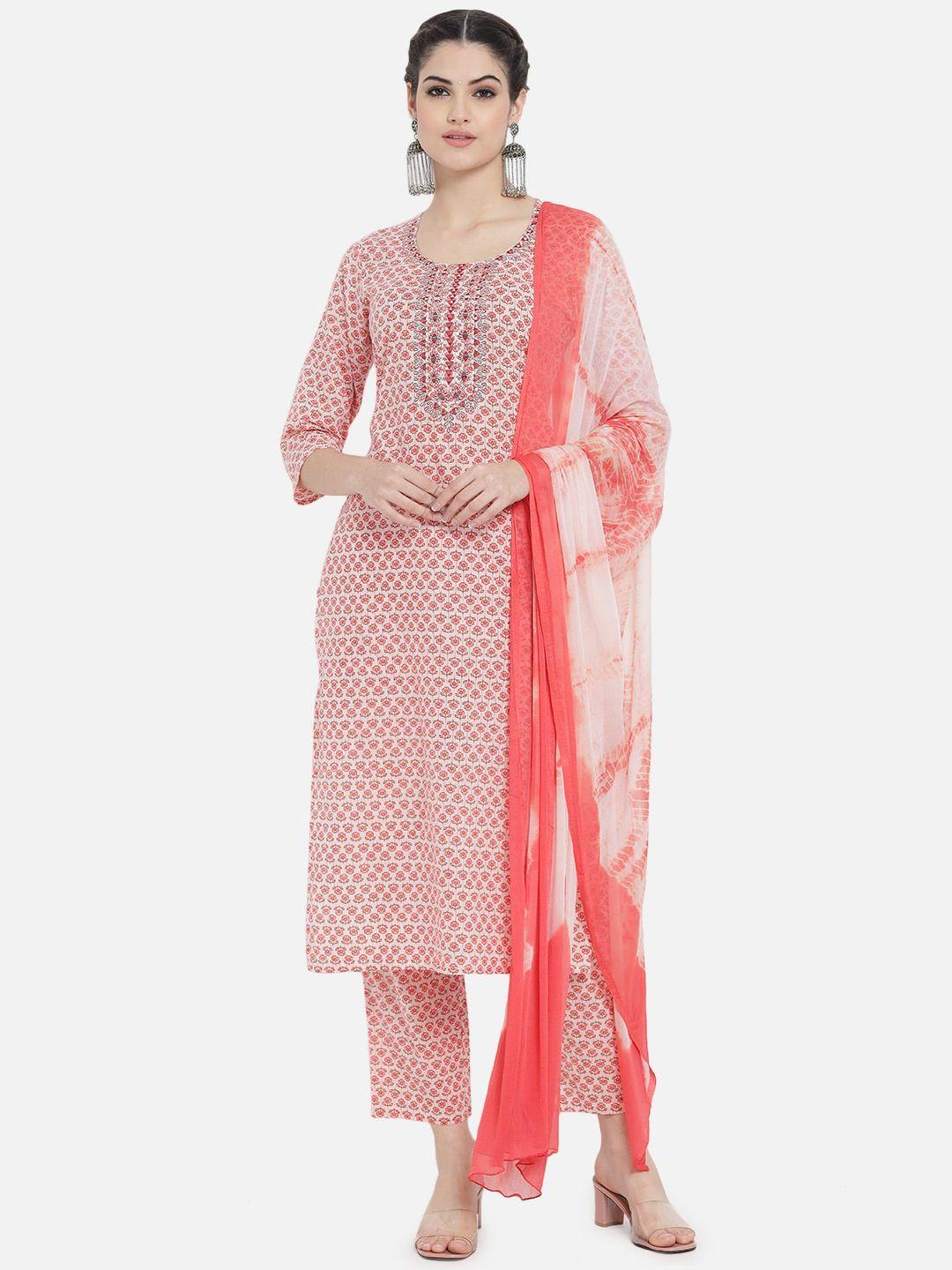 aayumi ethnic motifs printed mirror work pure cotton kurta with trousers & dupatta