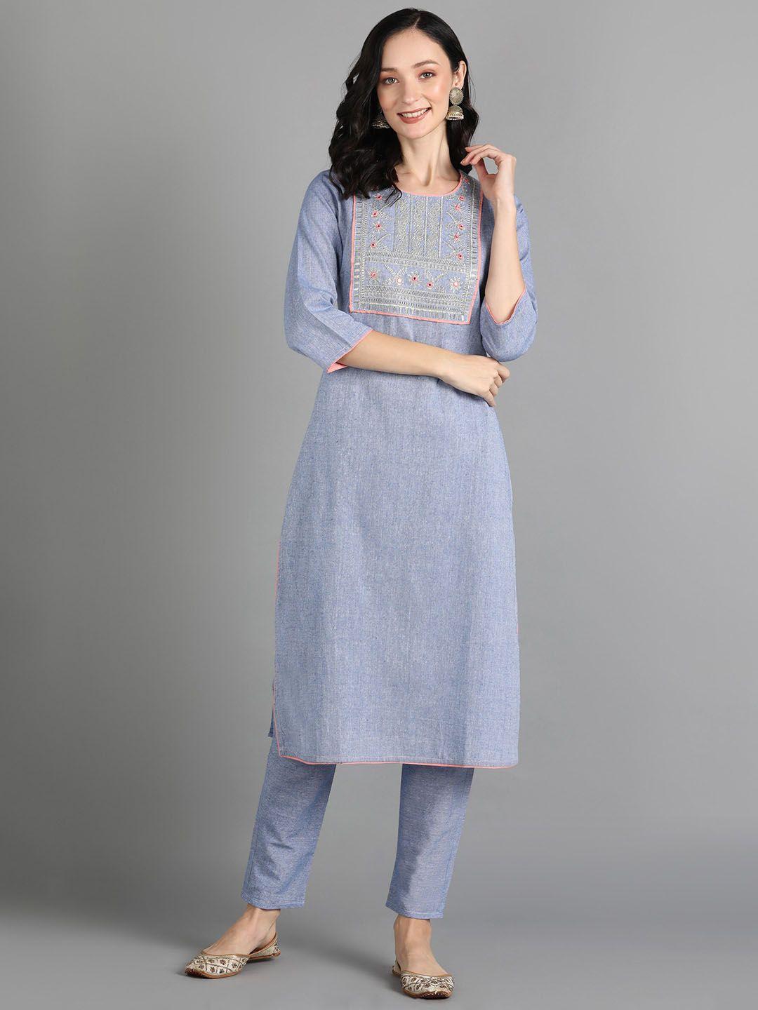 aayumi floral embroidered regular pure cotton kurta with pyjamas
