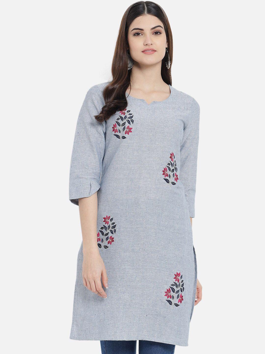 aayumi floral embroidered round neck three-quarter sleeve cotton kurta