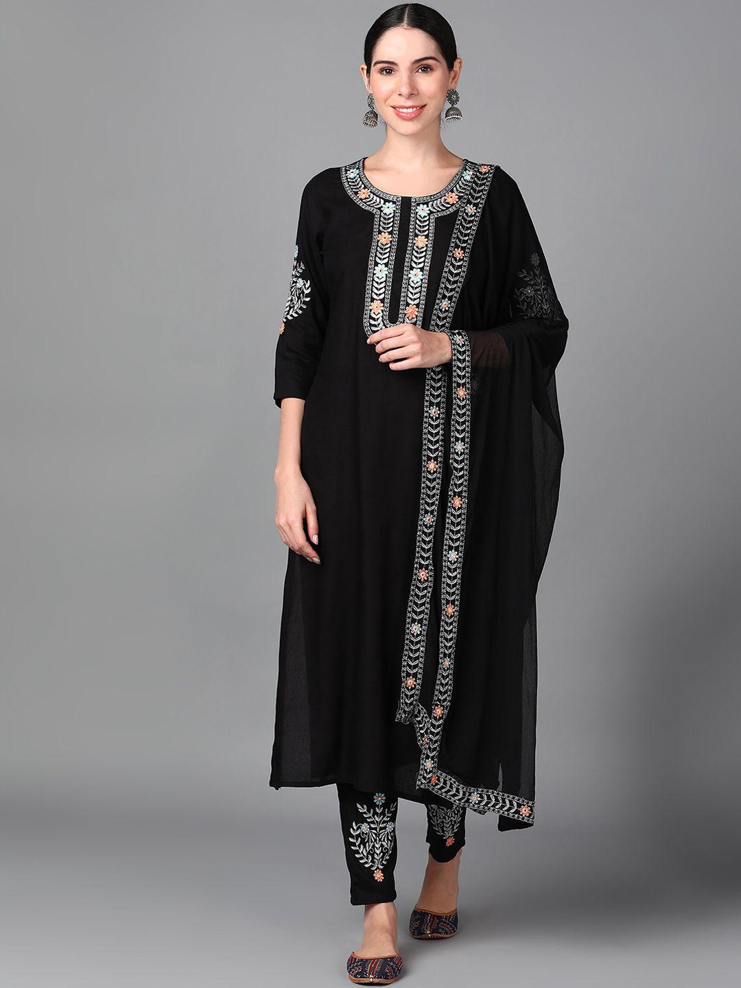 aayumi floral yoke design mirror work straight kurta with trousers & dupatta