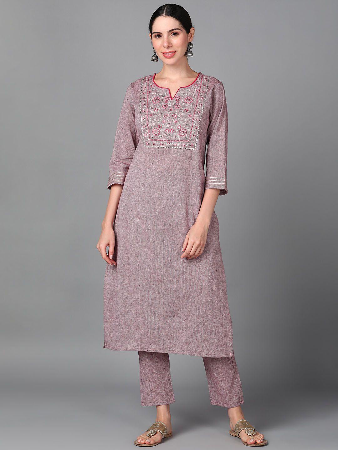 aayumi floral yoke design regular thread work pure cotton kurta with pyjamas