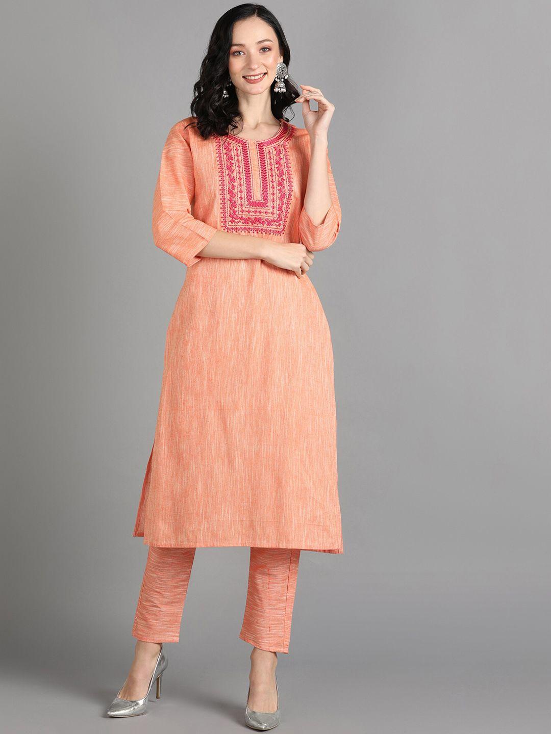 aayumi floral yoke design thread work detailed pure cotton straight kurta with trouser