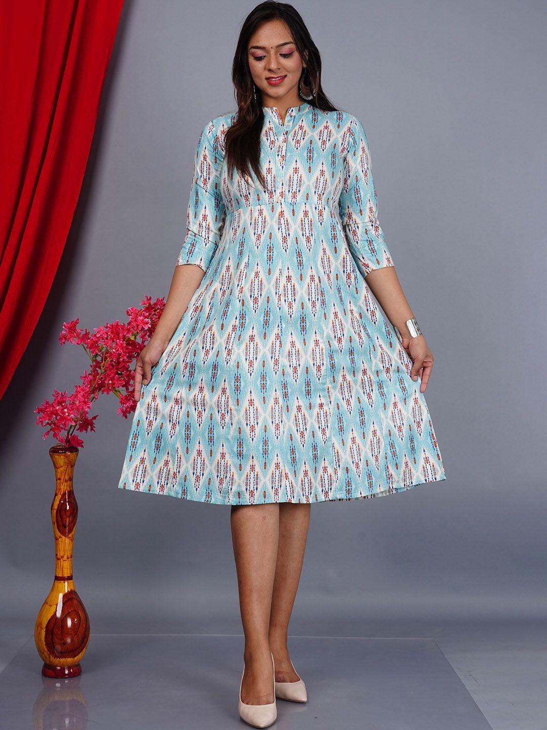 aayumi geometric printed mandarin collar fit and flare midi dress