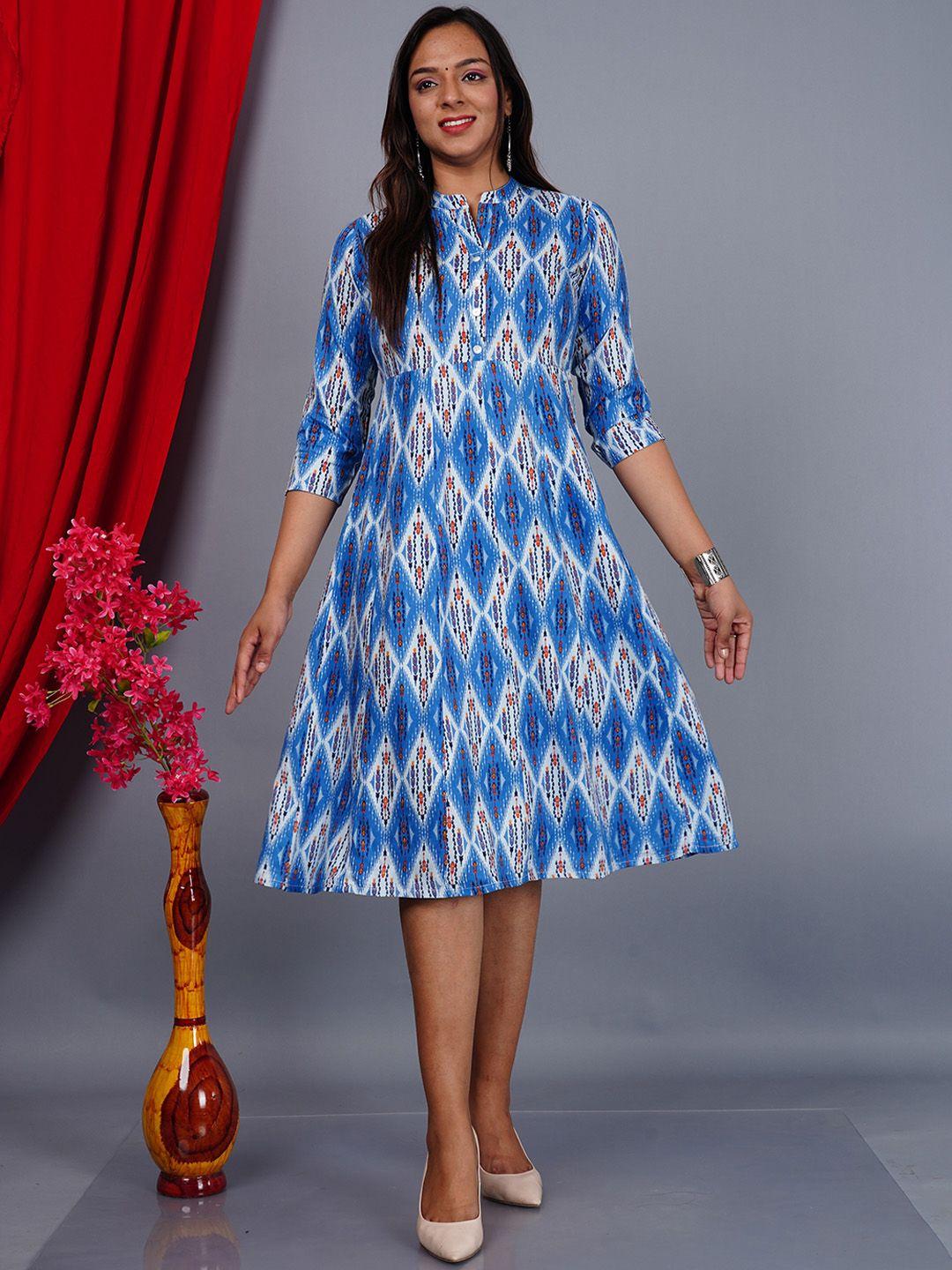 aayumi geometric printed mandarin collar fit and flare midi dress