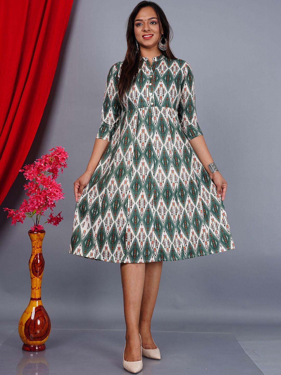 aayumi geometric printed mandarin collar fit and flare midi dress