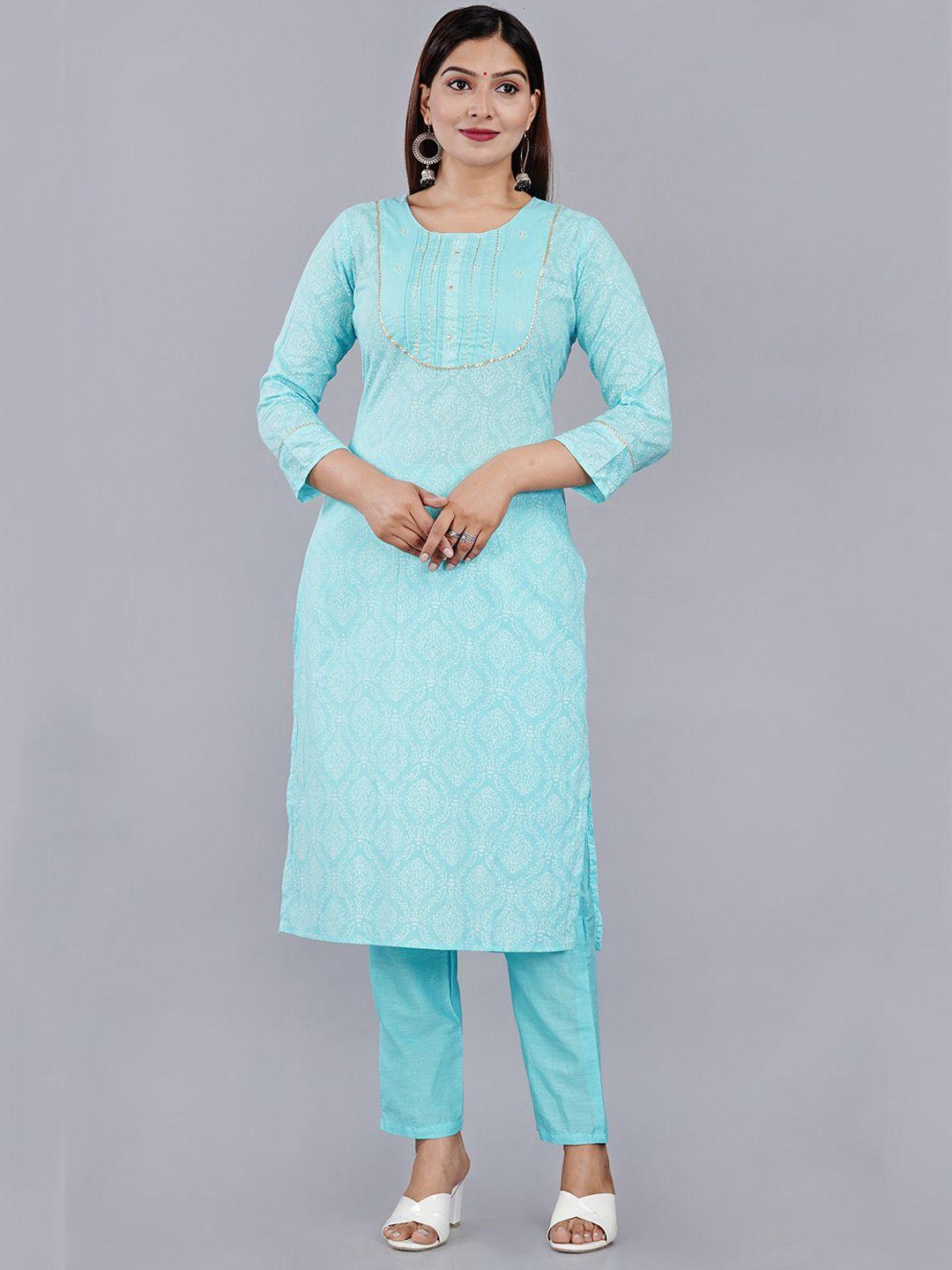 aayumi women blue ethnic motifs printed regular gotta patti kurta with trousers