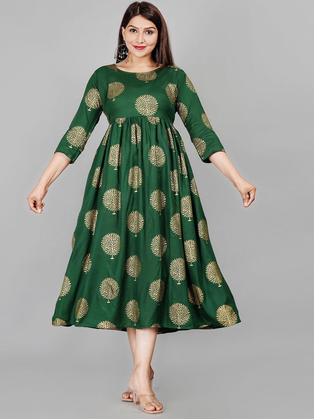 aayumi women green ethnic motifs printed flared sleeves thread work anarkali kurta