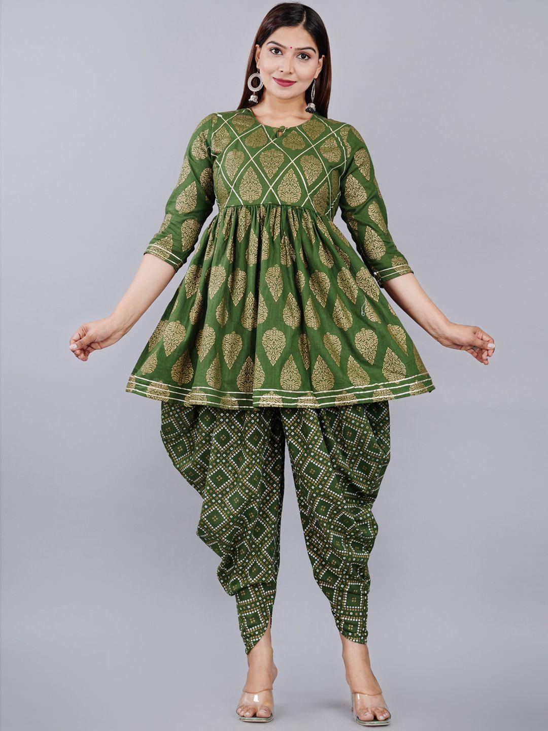 aayumi women green ethnic motifs printed regular gotta patti top with dhoti pants