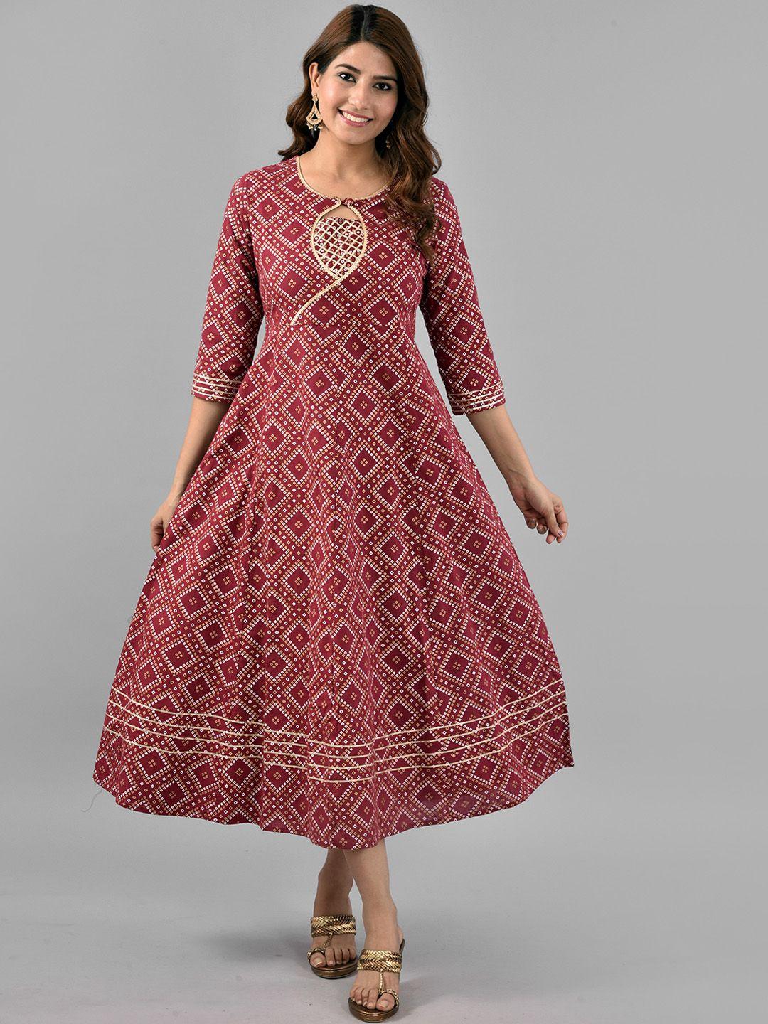 aayumi women maroon geometric printed thread work anarkali kurta