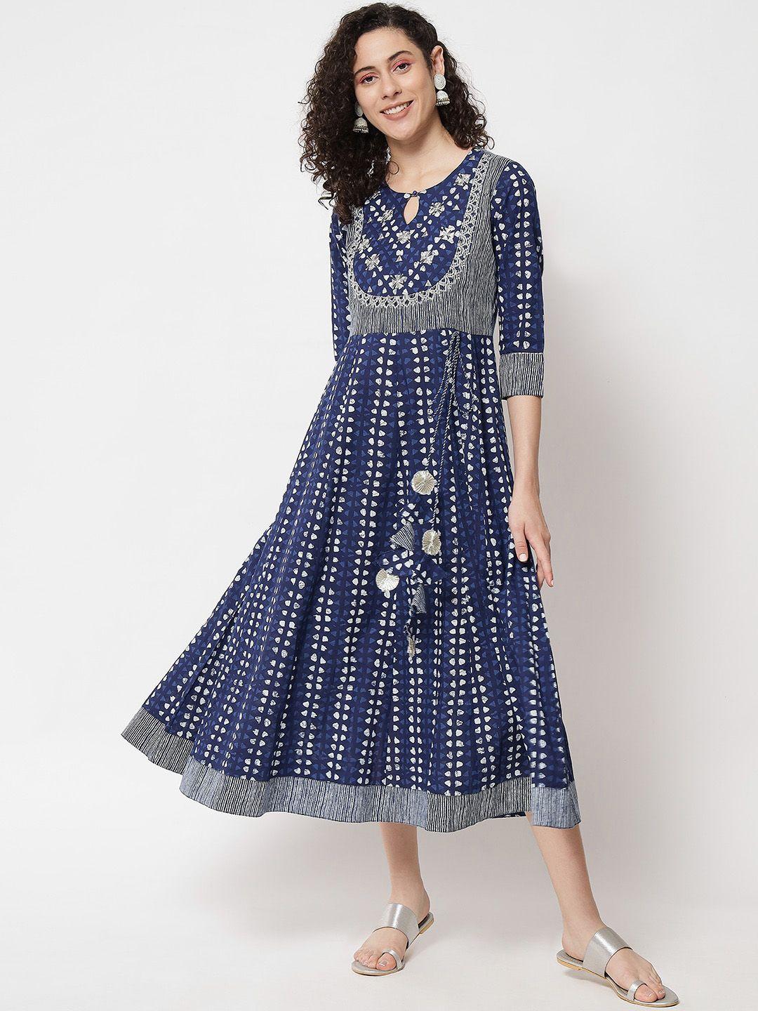 aayumi women navy blue geometric printed keyhole neck flared sleeves thread work floral anarkali kurta