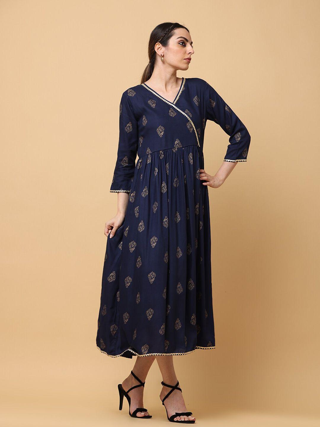 aayusika blue ethnic motifs print a-line maxi dress