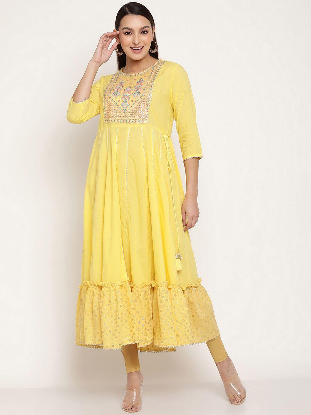 aayusika floral embroidered midi cotton fit & flare dress