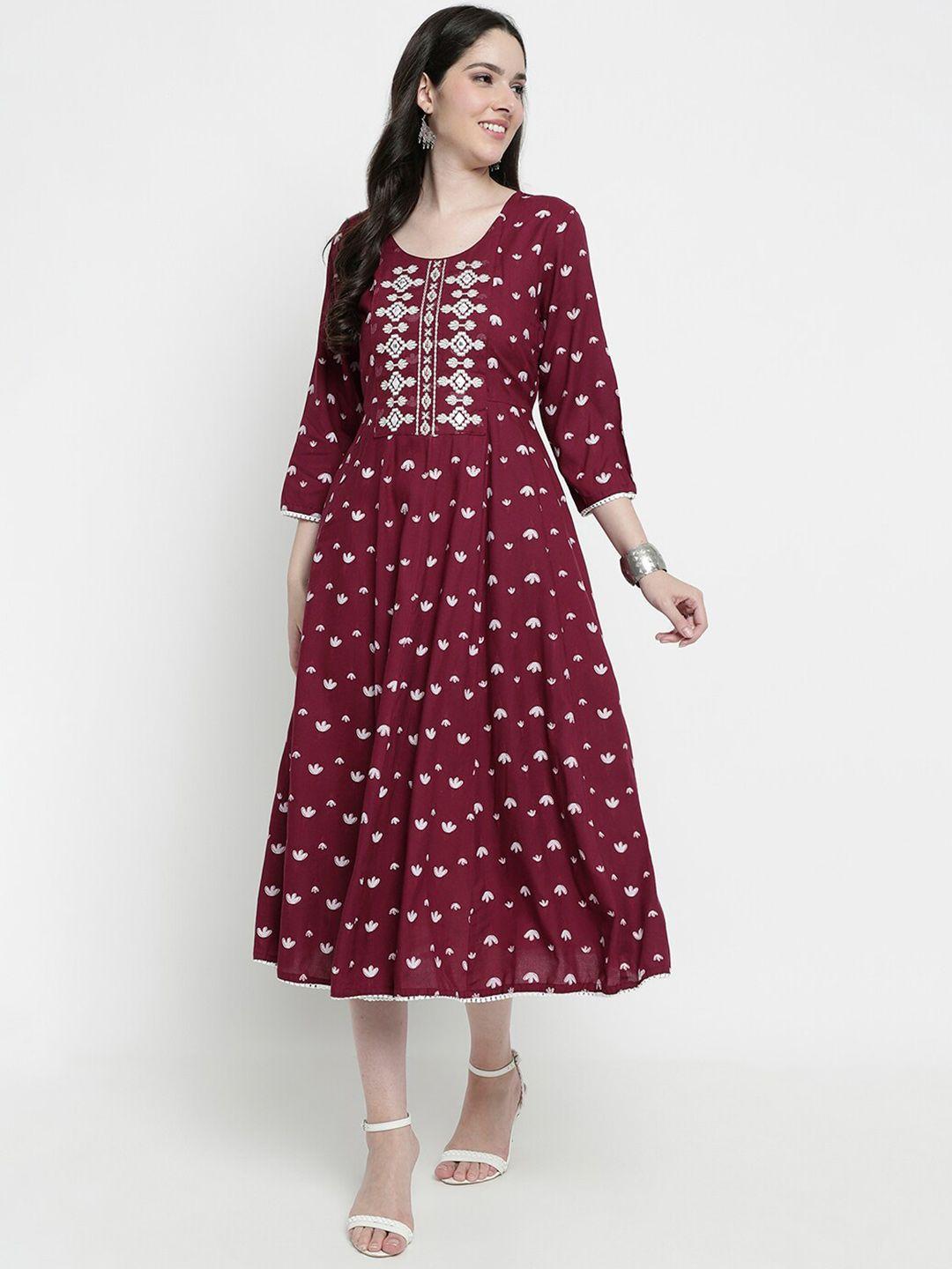 aayusika floral printed embroidred fit & flare midi ethnic dress