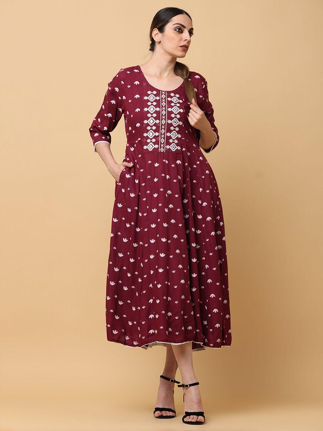 aayusika maroon ethnic motifs print fit & flare midi dress