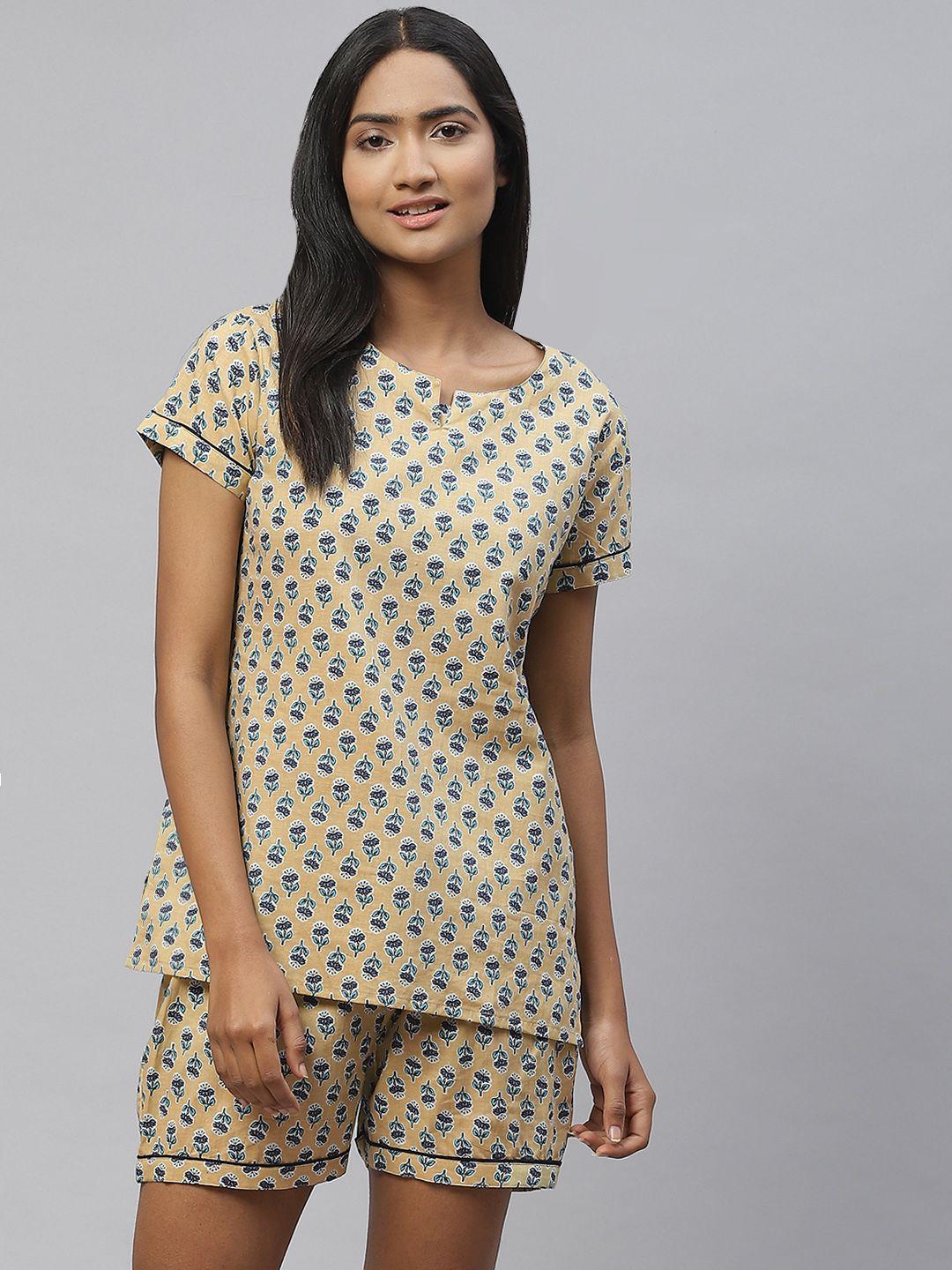 aayusika women beige & blue printed pure cotton floral print night suit
