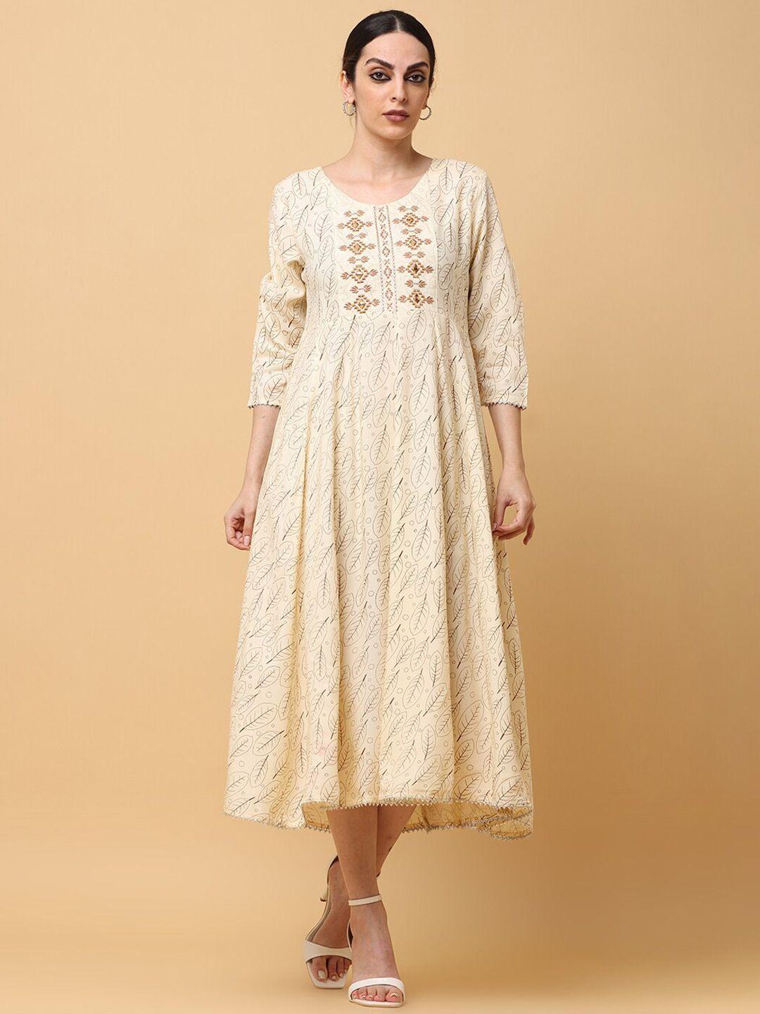 aayusika cream-coloured floral print fit & flare midi dress