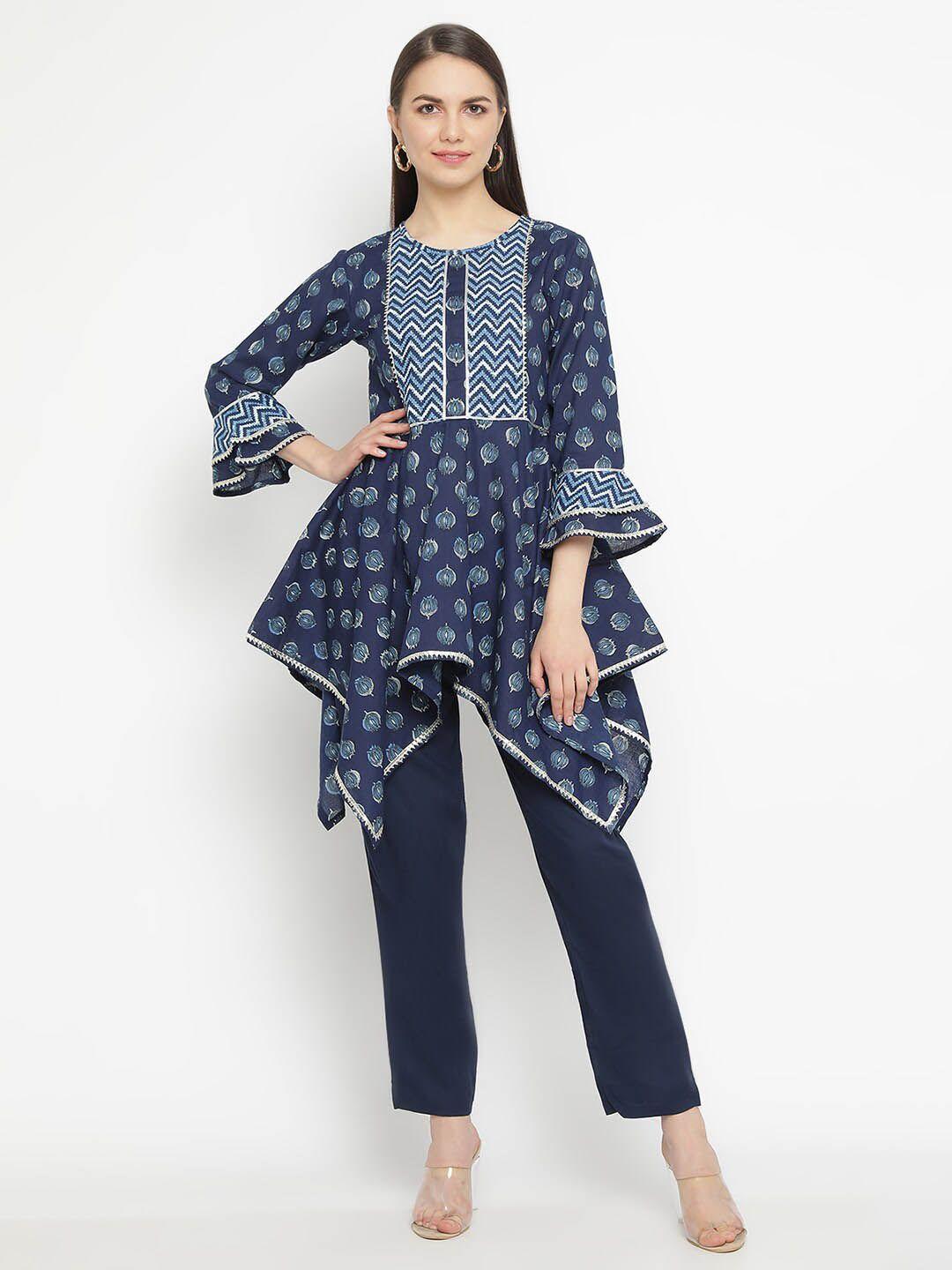 aayusika ethnic motif printed bell sleeve cotton longline top with gotta patti