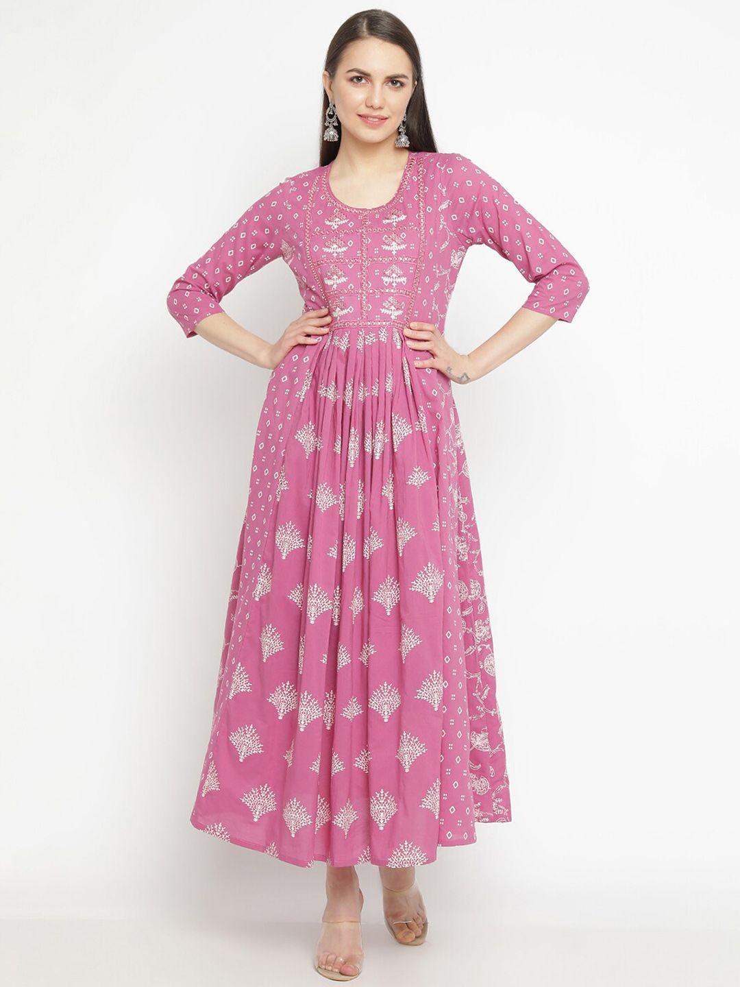 aayusika ethnic motifs printed gathered cotton fit & flare ethnic dress