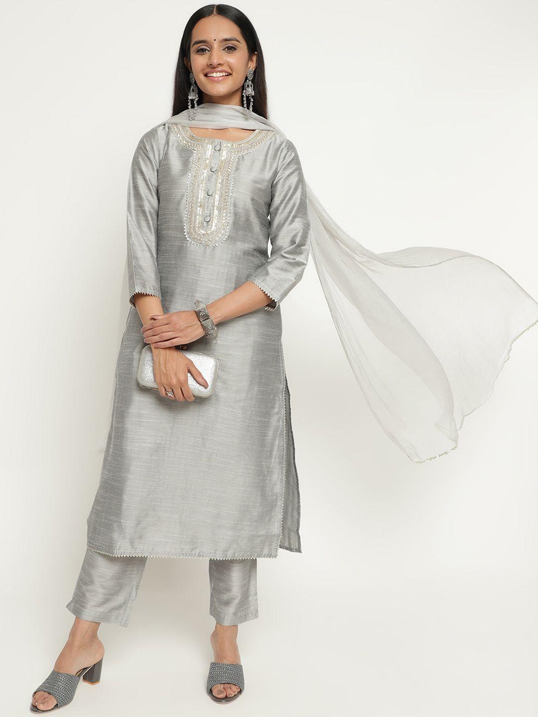 aayusika ethnic yoke design regular thread work art silk kurta with trousers & dupatta
