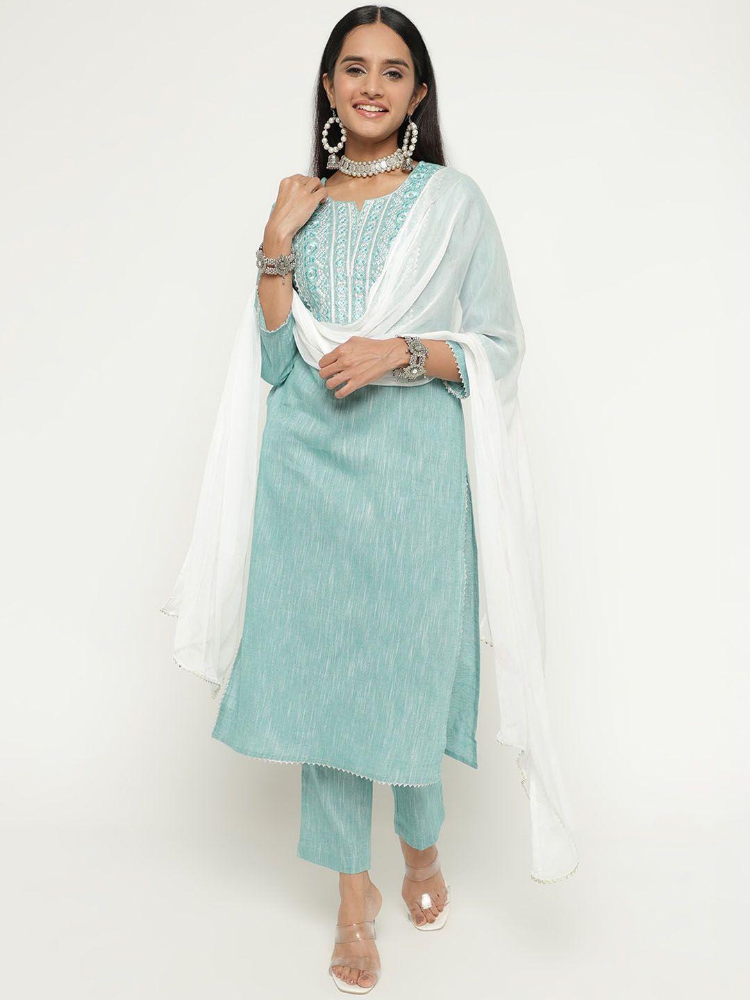 aayusika ethnic yoke design regular thread work pure cotton kurta with trousers & dupatta