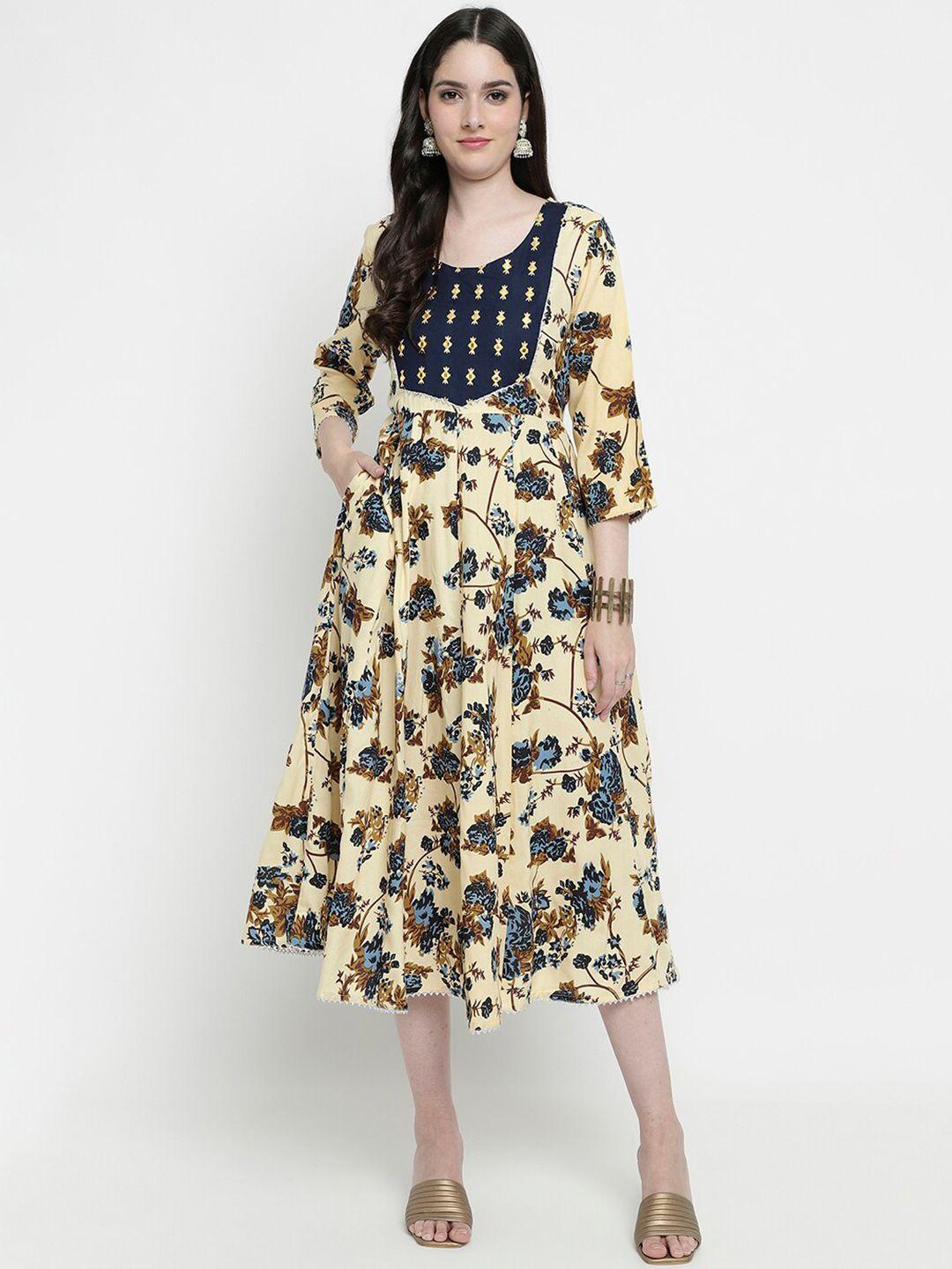 aayusika floral printed embroidered fit & flare midi ethnic dress