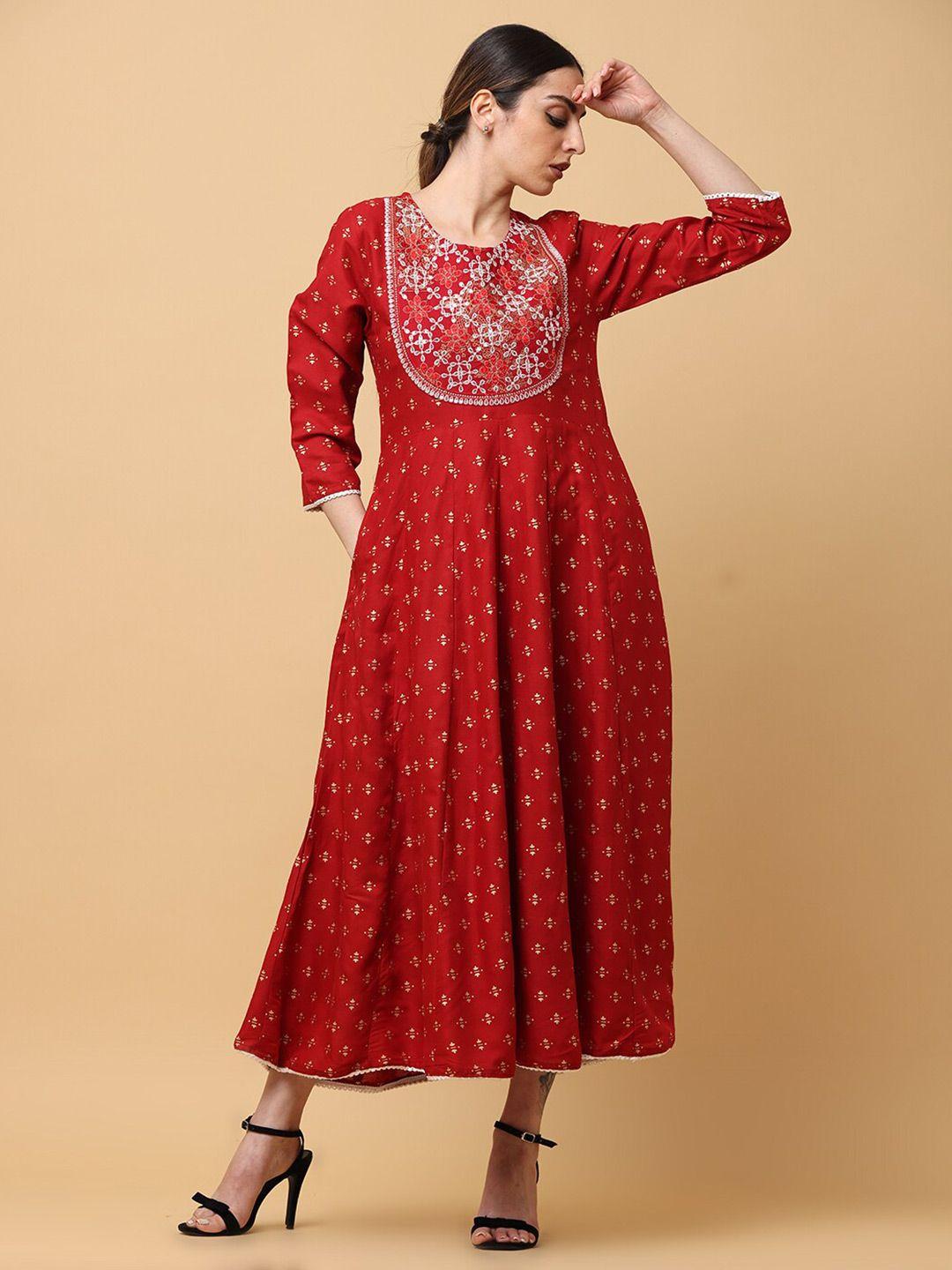 aayusika maroon ethnic motifs print maxi dress