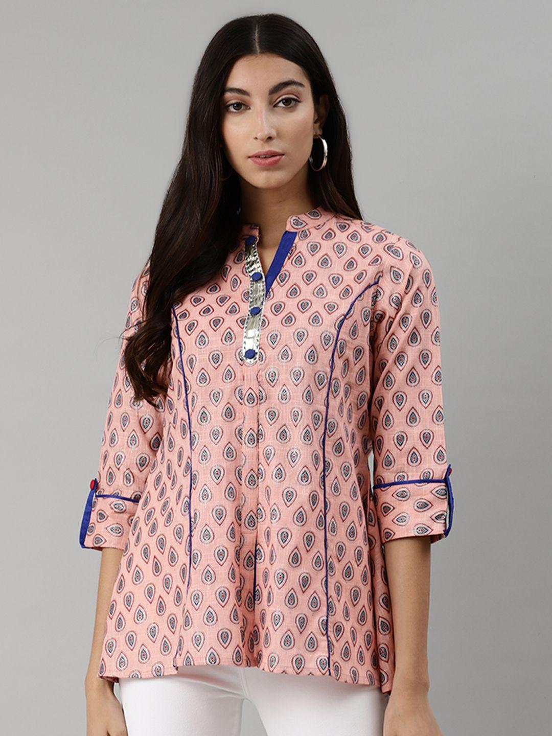 aayusika pink & blue printed mandarin collar roll-up sleeves a-line top