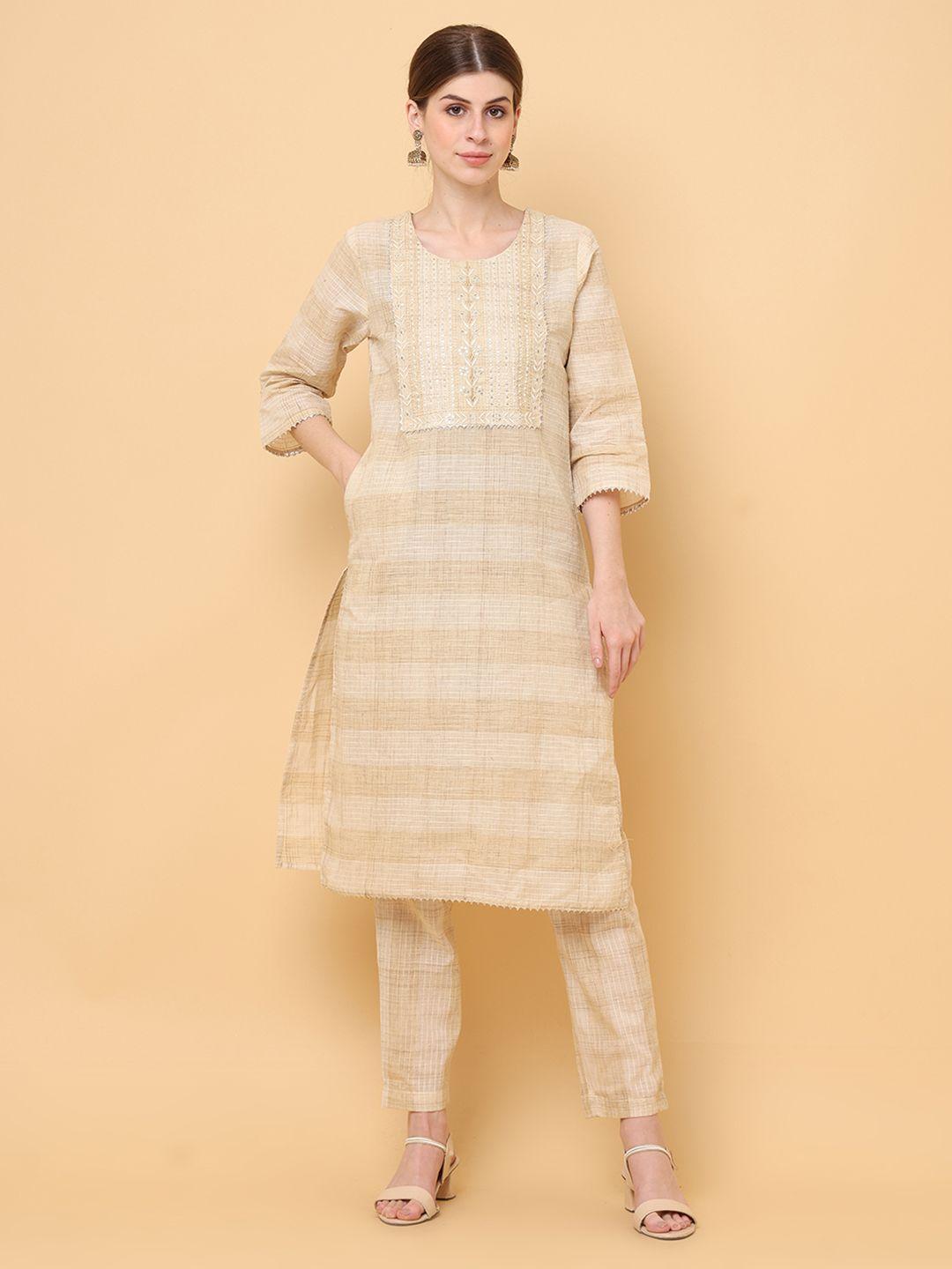 aayusika round neck thread work pure cotton kurta with trousers