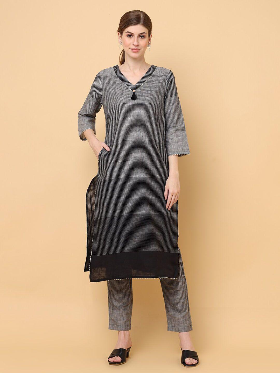 aayusika striped v-neck regular pure cotton straight kurta with trousers