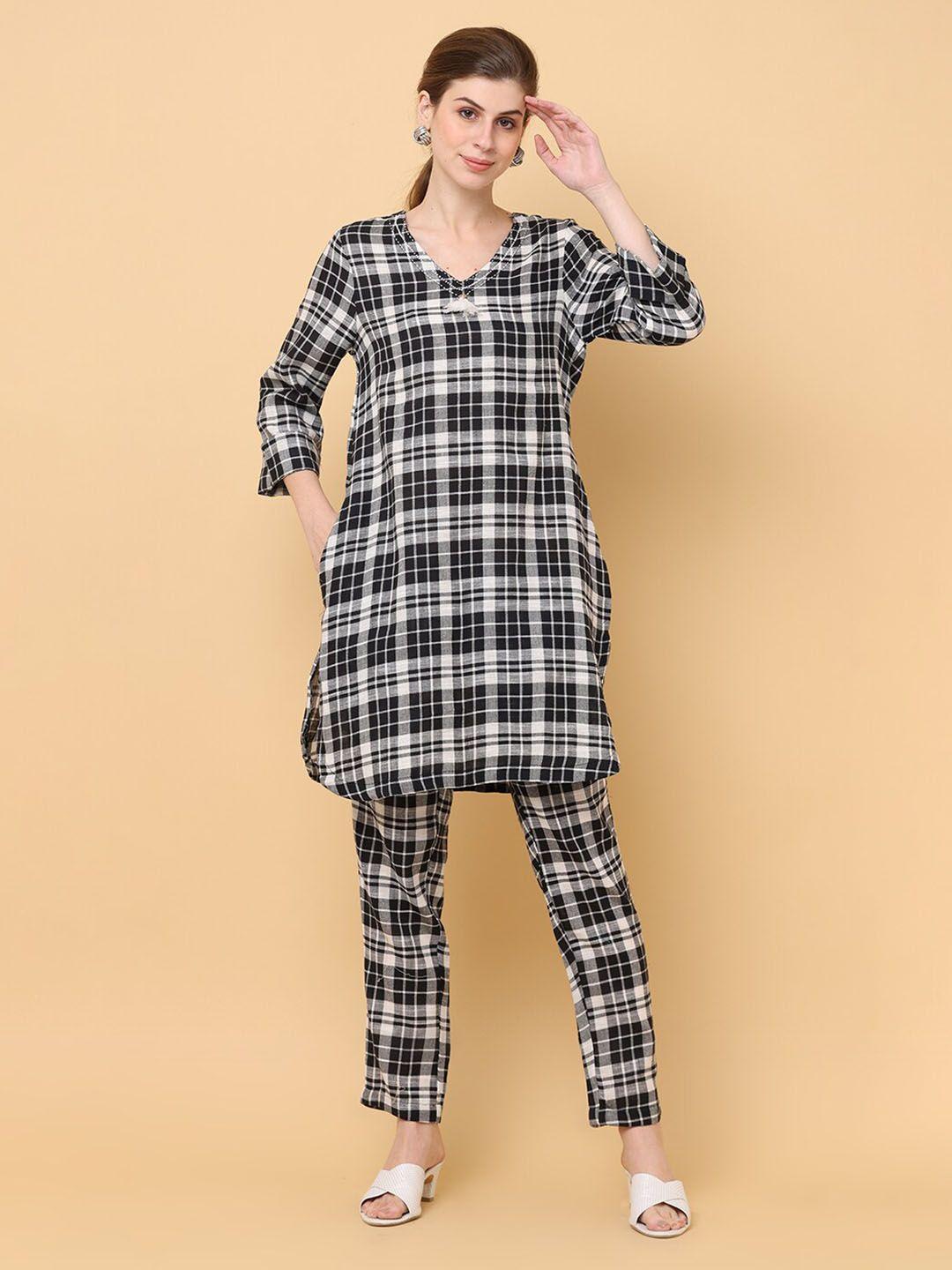 aayusika v-neck checked regular pure cotton pathani kurta with trousers