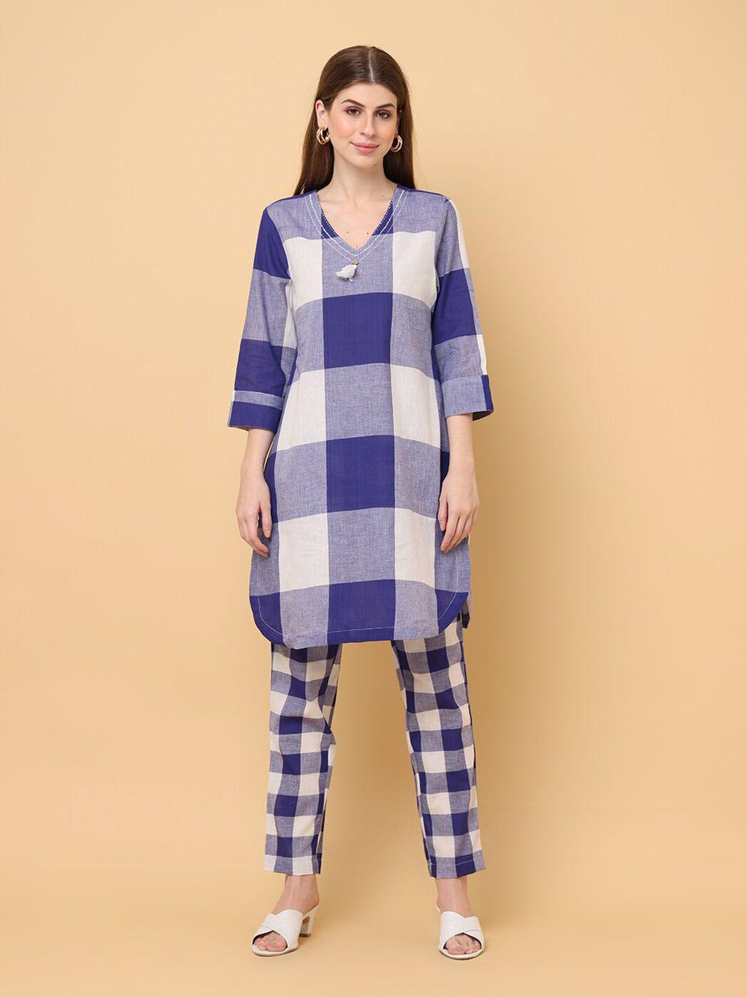 aayusika v-neck checked regular pure cotton straight kurta with trousers