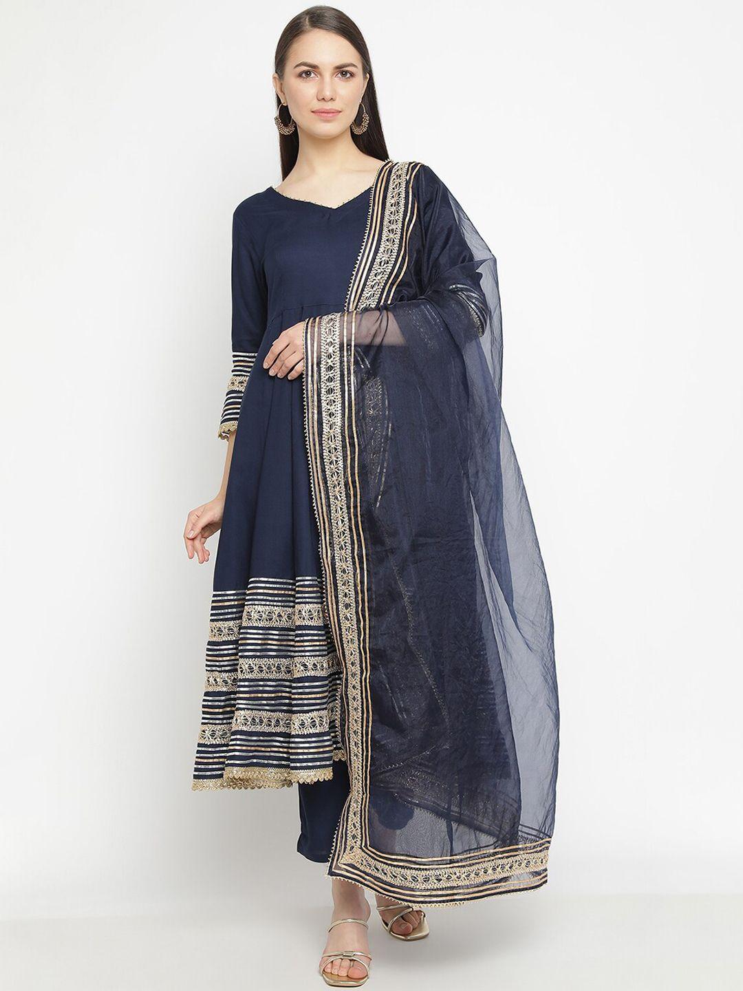 aayusika v neck gotta patti anarkali kurta with trousers & dupatta