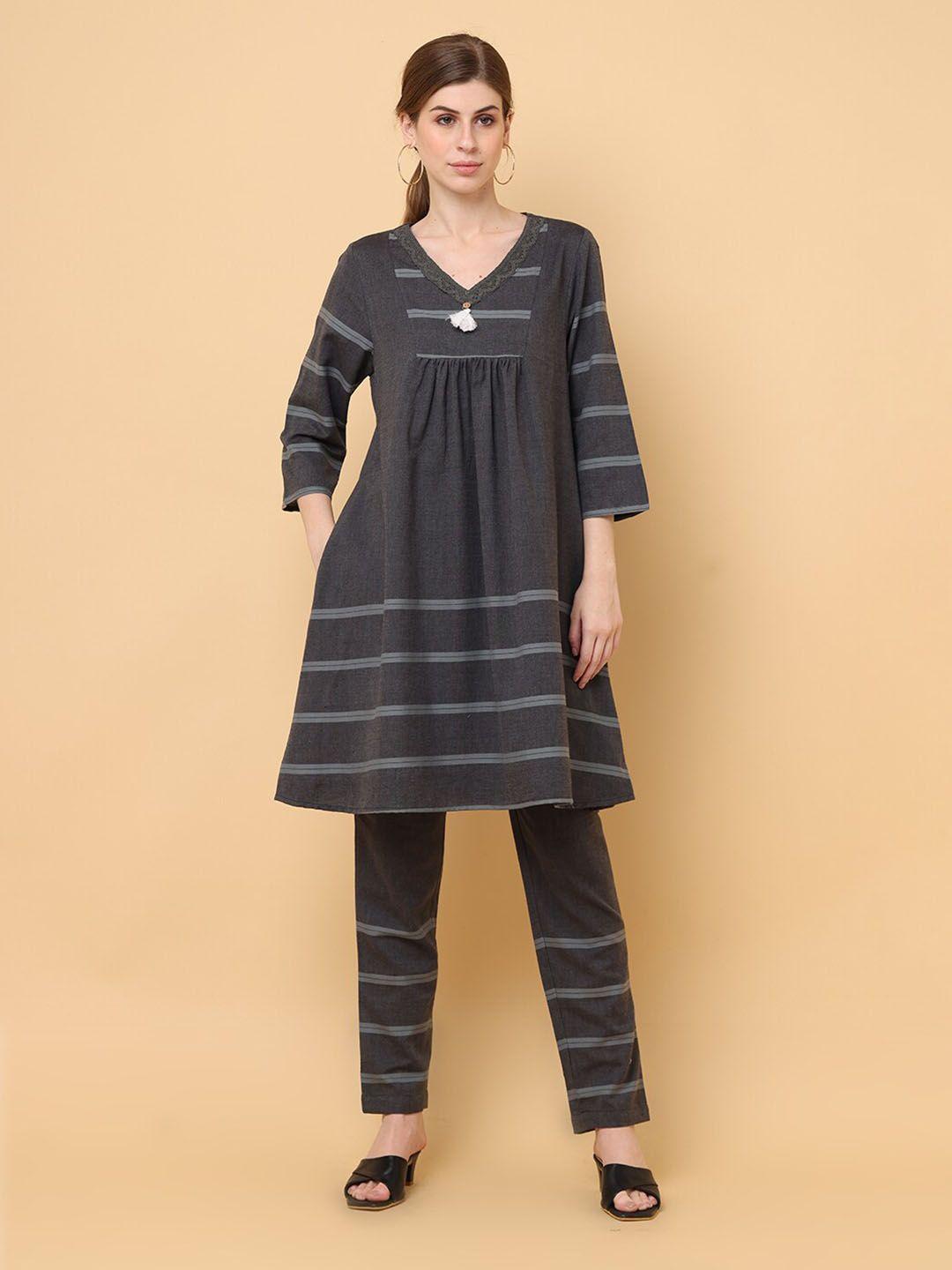 aayusika v-neck striped regular pure cotton a-line kurta with trousers