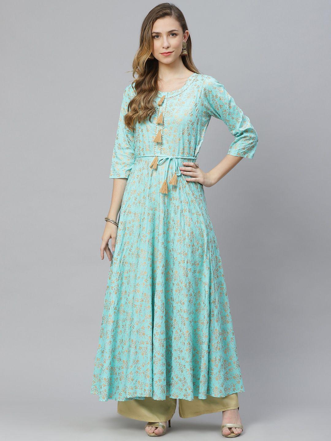 aayusika women blue & gold-toned printed anarkali kurta