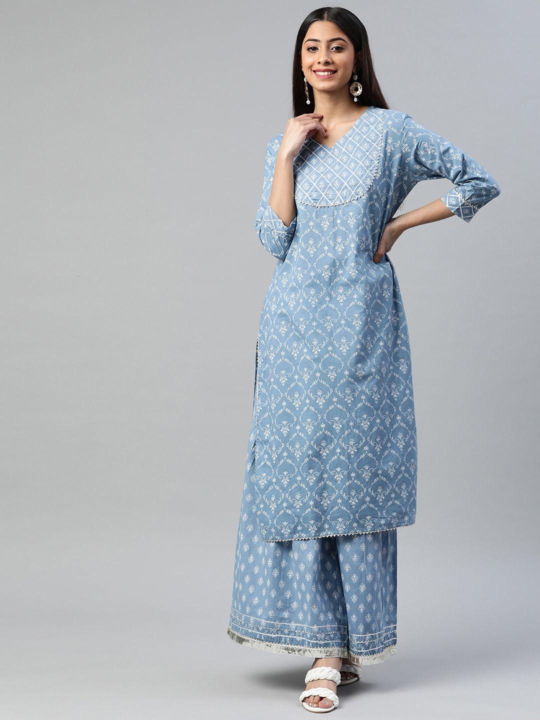 aayusika women blue ethnic motifs printed gotta patti pure cotton kurta with sharara