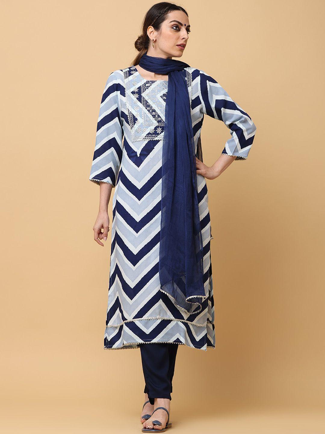 aayusika women blue printed regular thread work kurta with trousers & with dupatta