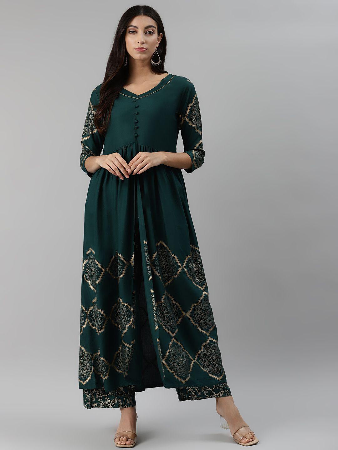 aayusika women green & golden printed kurta with palazzos