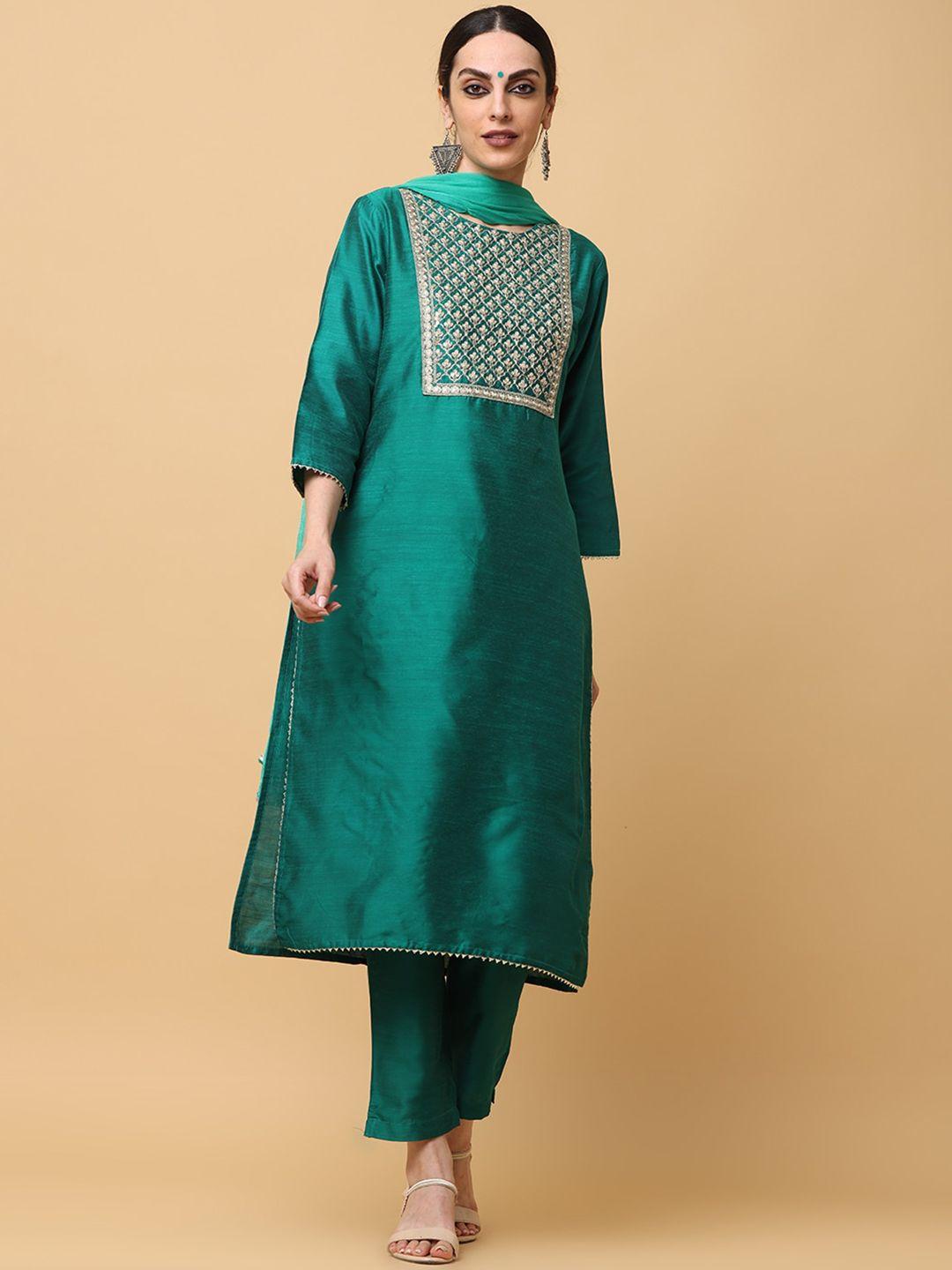 aayusika women green floral yoke design regular kurta with trousers & with dupatta
