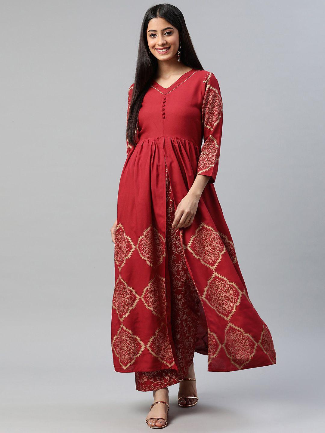 aayusika women maroon ethnic motifs printed gotta patti pure cotton kurta with palazzos